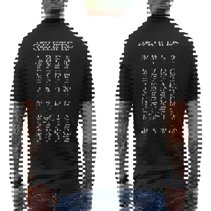 ギリシャアルファベット文字 アルファからオメガへ メンズTシャツ バックプリント