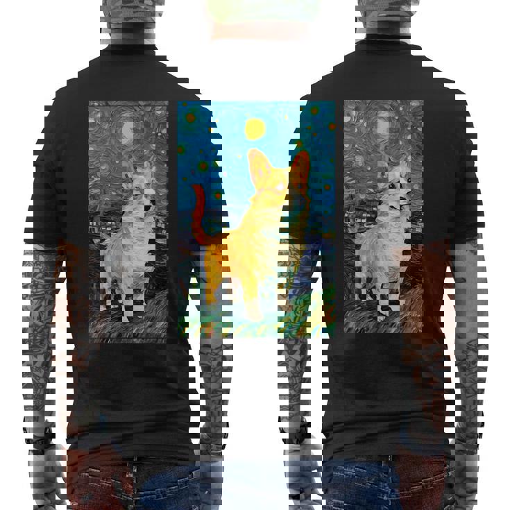 ゴッホ動物アート 動物愛好家のためのかわいいコーギー犬 メンズTシャツ バックプリント