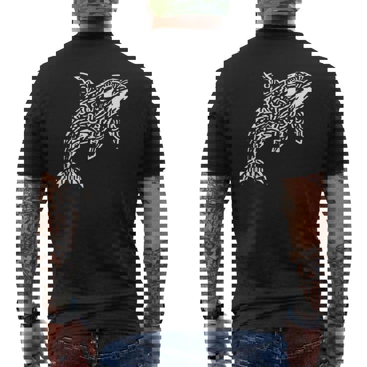 トライバル シャチ クジラ ハワイアン マオリ タトゥー オーシャン アート デザイン メンズTシャツ バックプリント