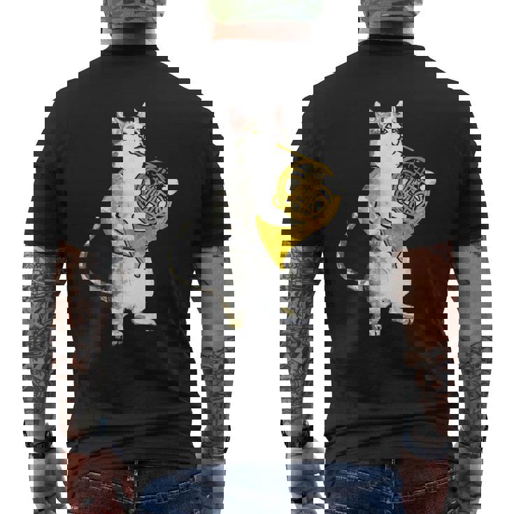 フレンチホルン音楽家オーケストラ音楽を奏でるクールな猫 メンズTシャツ バックプリント