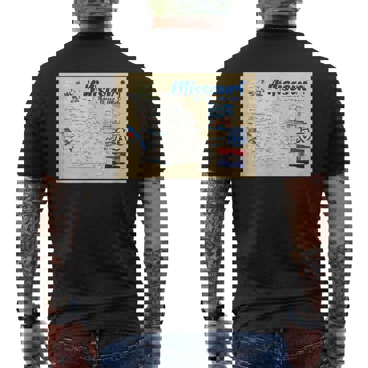 ミズーリ州、マップフラッグアーチブルーバードフラワーランドマーク メンズTシャツ バックプリント