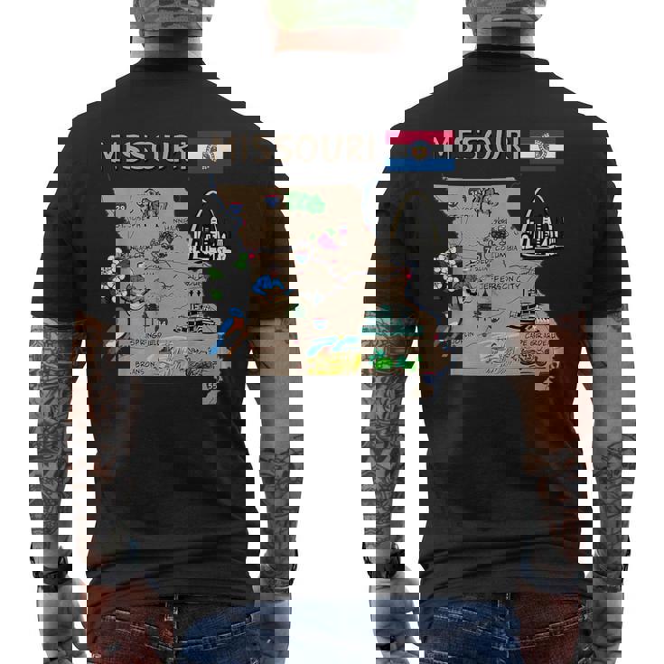 ミズーリ州のランドマーク、主要都市、道路、旗の地図 メンズTシャツ バックプリント