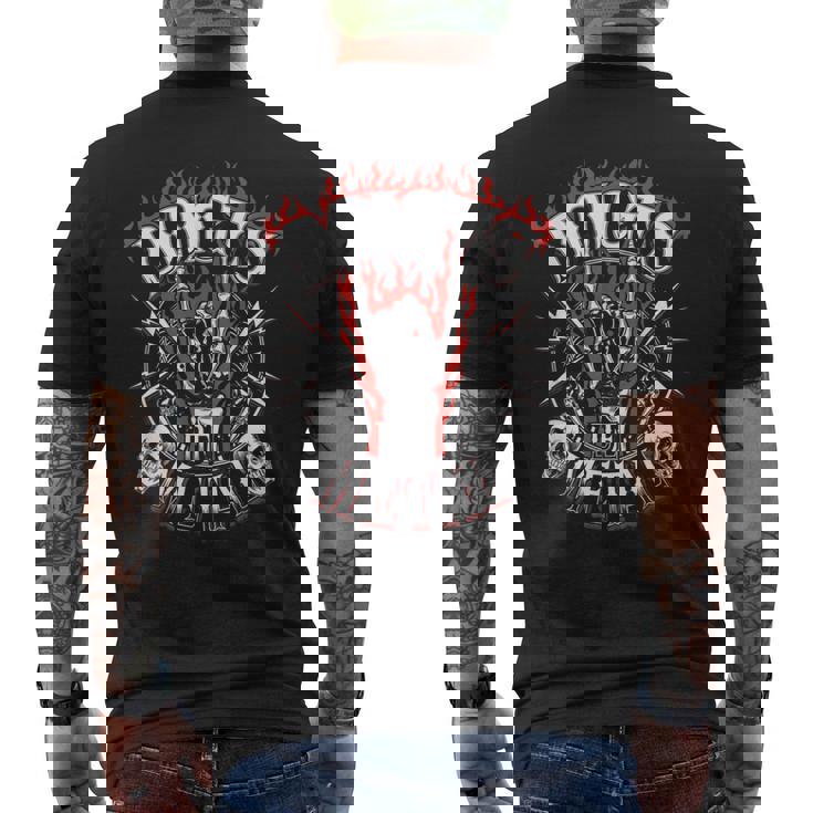 メタルフィンガーギフト ヘビーウルトラハードロック 嘔吐 ユーモア メンズTシャツ バックプリント