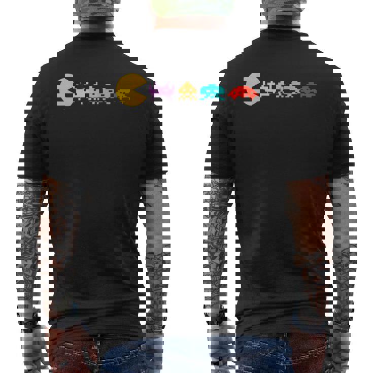 レトロヴィンテージ80年代アーケードゲームインベーダーマッシュアップ メンズTシャツ バックプリント