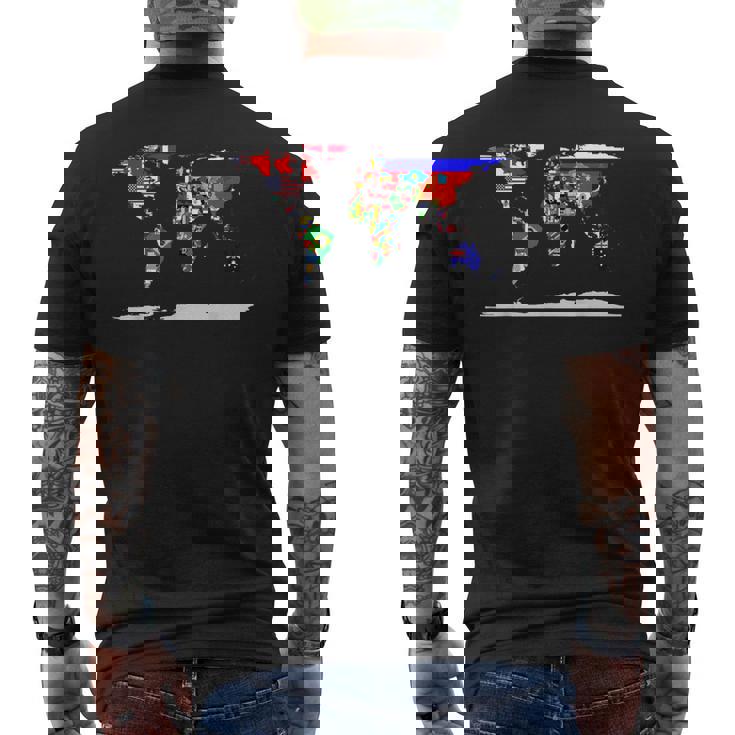 世界地図と世界の国の旗 メンズTシャツ バックプリント