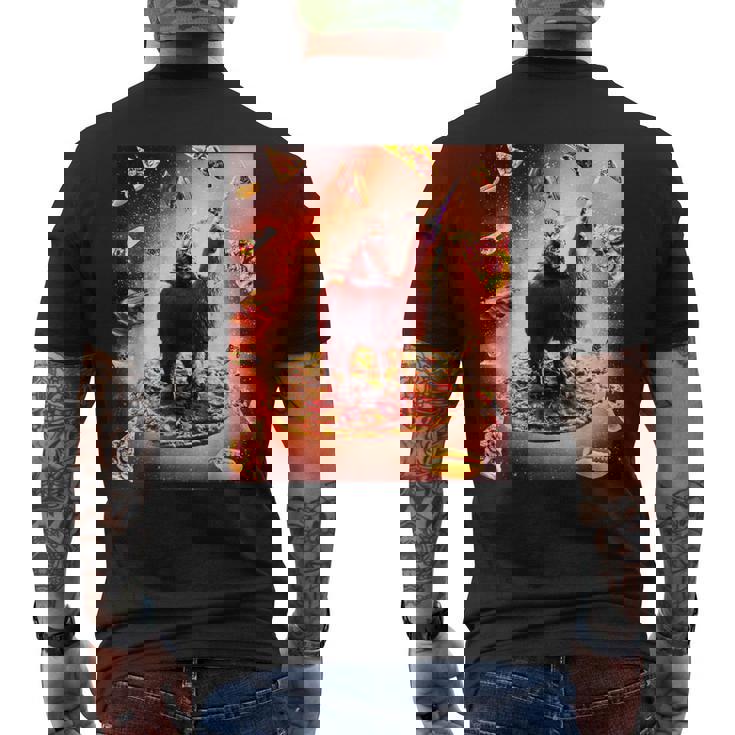 宇宙 猫 ライディング ラマ ユニコーン ピザ メンズTシャツ バックプリント