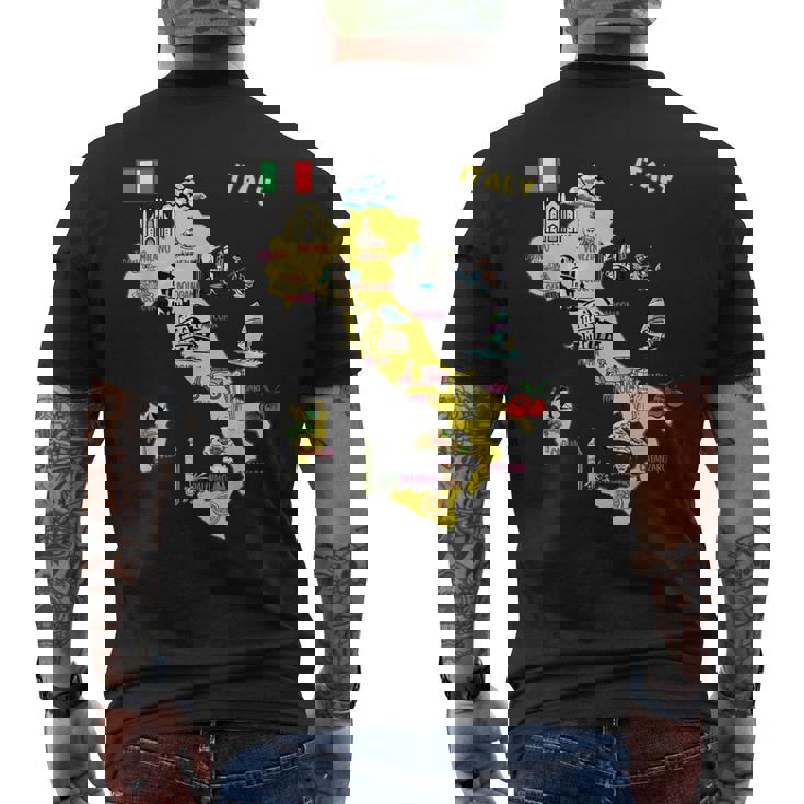 手描きのイタリア地図 観光地 メンズTシャツ バックプリント