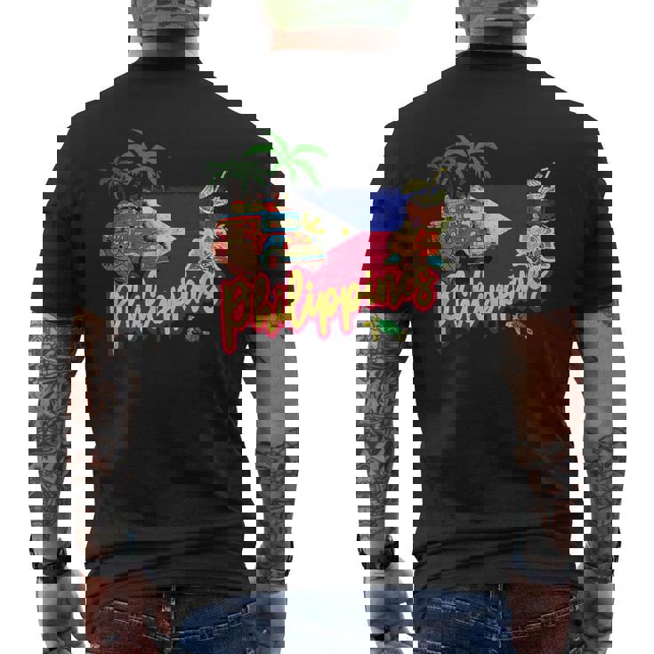 旗のヤシの木のお土産とフィリピンのヴィンテージメガネザル メンズTシャツ バックプリント