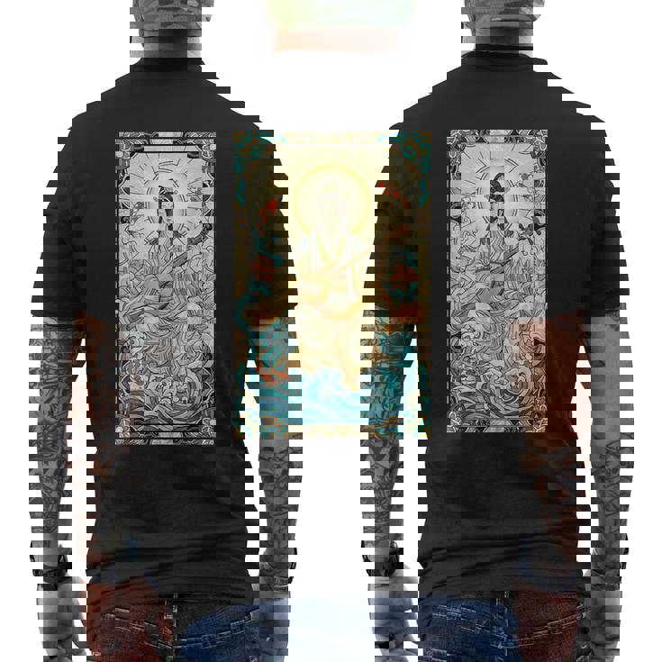 日本神話 音楽 女神弁財天 ステンドグラス メンズTシャツ バックプリント