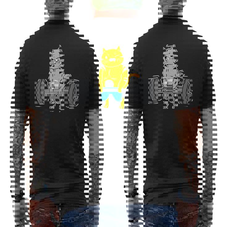 猫 デッドリフト パワーリフティング ウェイトリフティング 猫好き メンズTシャツ バックプリント