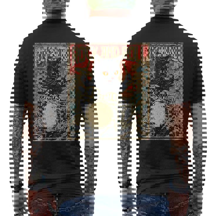 猫 演奏 ドラム ロック オン ヴィンテージ ロック ドラマー 猫 メンズTシャツ バックプリント