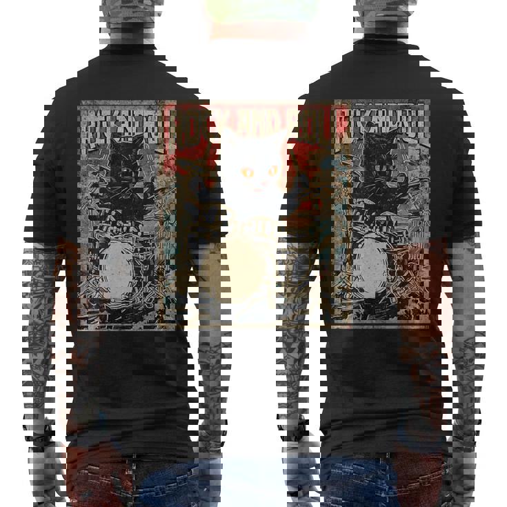 猫 演奏 ドラム ロック オン ヴィンテージ ロック ドラマー 猫 長袖tシャツ メンズTシャツ バックプリント