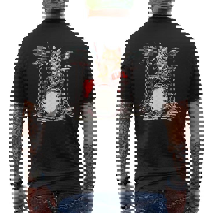 猫太鼓ドラムスティックかわいい猫と音楽 メンズTシャツ バックプリント