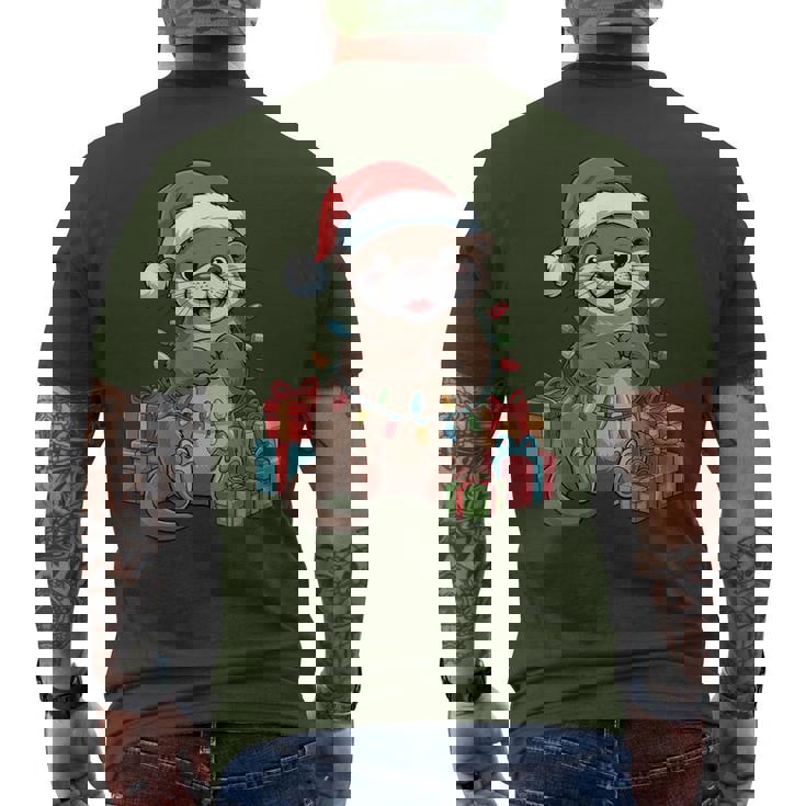 Otter Santa Hat Animals Lovers Ugly Christmas Pajamas Men's T-shirt Back Print