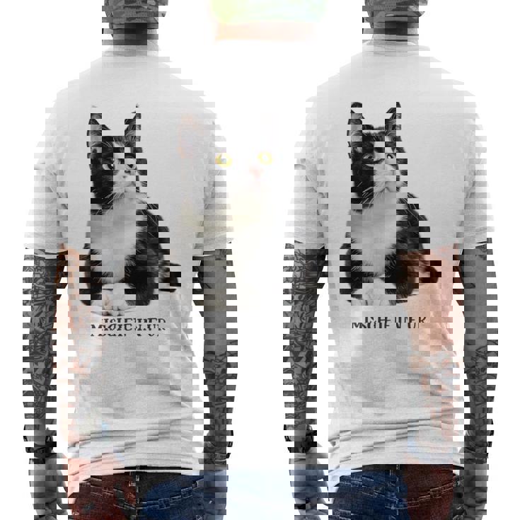 Mischief In Fur 猫写真 ハチワレ猫 黒白猫 猫好き ネタ 猫しもべ 猫飼い 猫依存症 長袖tシャツ メンズTシャツ バックプリント