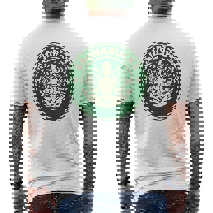 Saunabucks サウナ パロディ サウナー向け おもしろデザイン ととのう グッズ おもしろ 文字 スタバ カフェ メンズTシャツ バックプリント