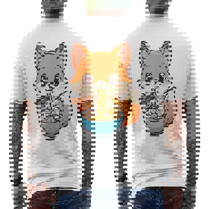 かわいいキツネを食べるラーメンかわいい動物アート メンズTシャツ バックプリント