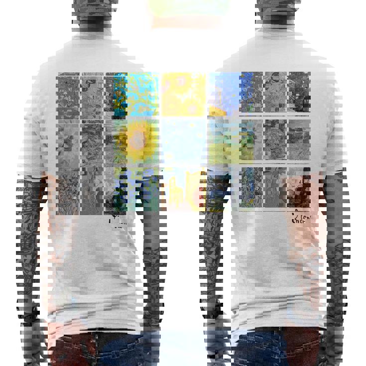 ひまわりと星月夜のゴッホ絵画コラージュ メンズTシャツ バックプリント