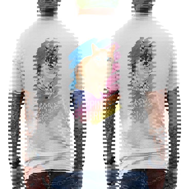 シャム猫 ラグドール ネコ 青い瞳 ブルーアイ かわいい 癒し 幸せ 前向き 猫好き グラデーション メンズTシャツ バックプリント