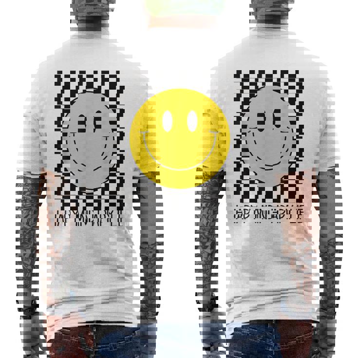 ハッピーマインド ハッピーライフ 70年代 スマイルチェック ハッピースマイルフェイス メンズTシャツ バックプリント