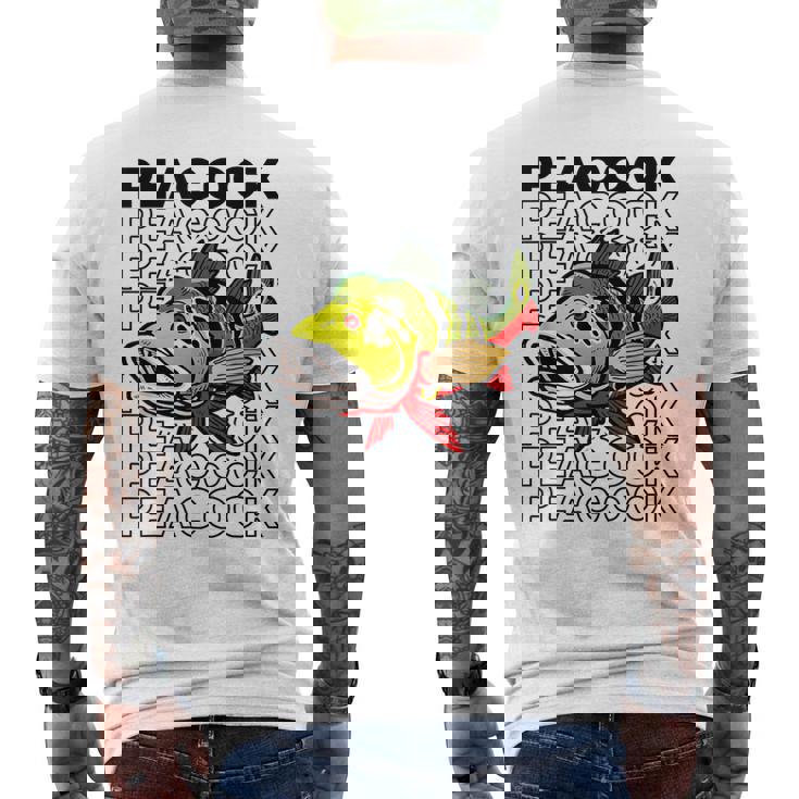 ピーコックバス 80 年代スタイルのモンスターフィッシュキーパー メンズTシャツ バックプリント