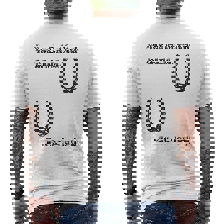 後蹴りに注意 蹄鉄 馬好き 馬術部 キッズ 大人 親子ペア バックプリント メンズTシャツ バックプリント