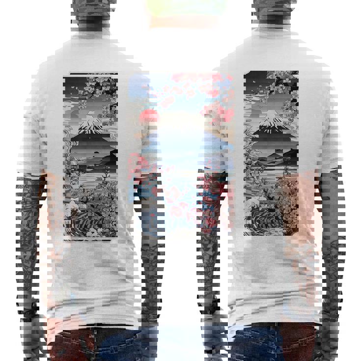 日本の桜庭 芸者 富士山 桜 木 メンズTシャツ バックプリント