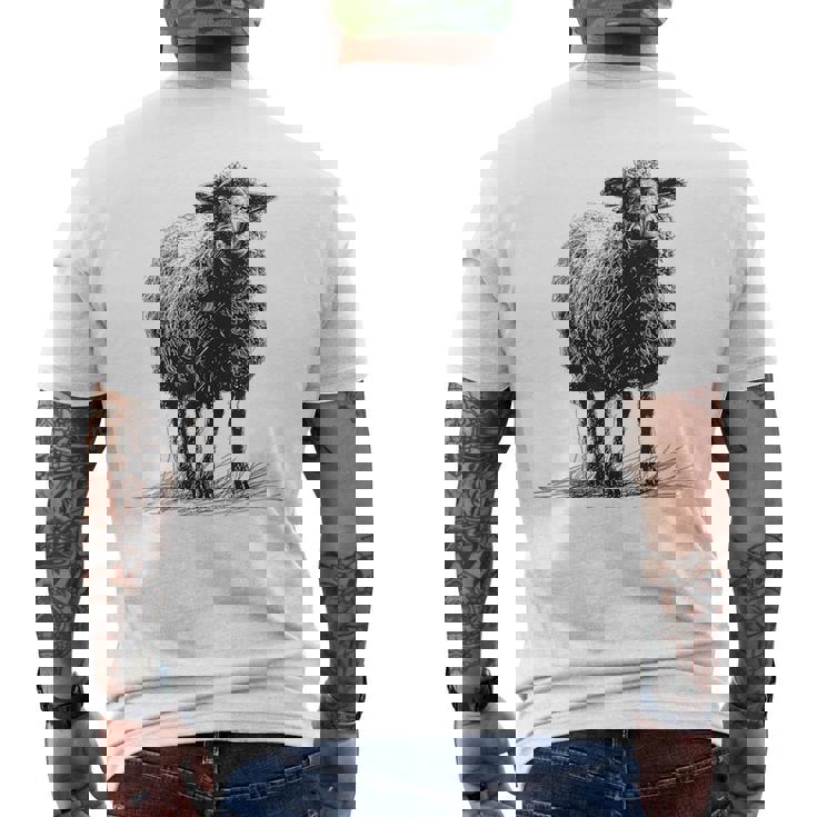 羊 アニマルプリント 動物園 ドローイング アート 絵画 羊 メンズTシャツ バックプリント