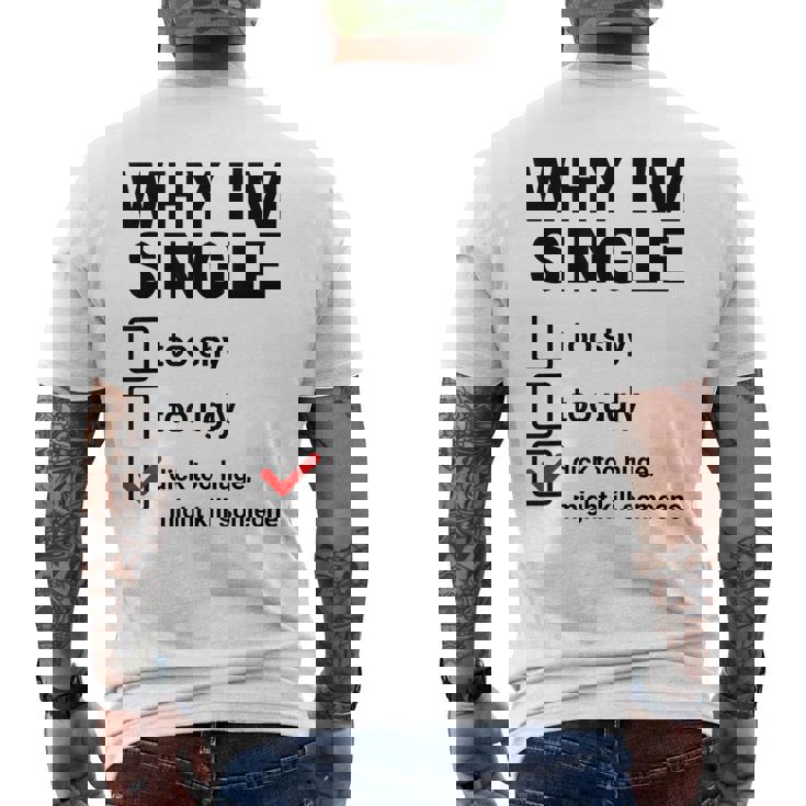 面白い皮肉な大人のユーモアの独身パーティーなぜ私は独身なのか メンズTシャツ バックプリント