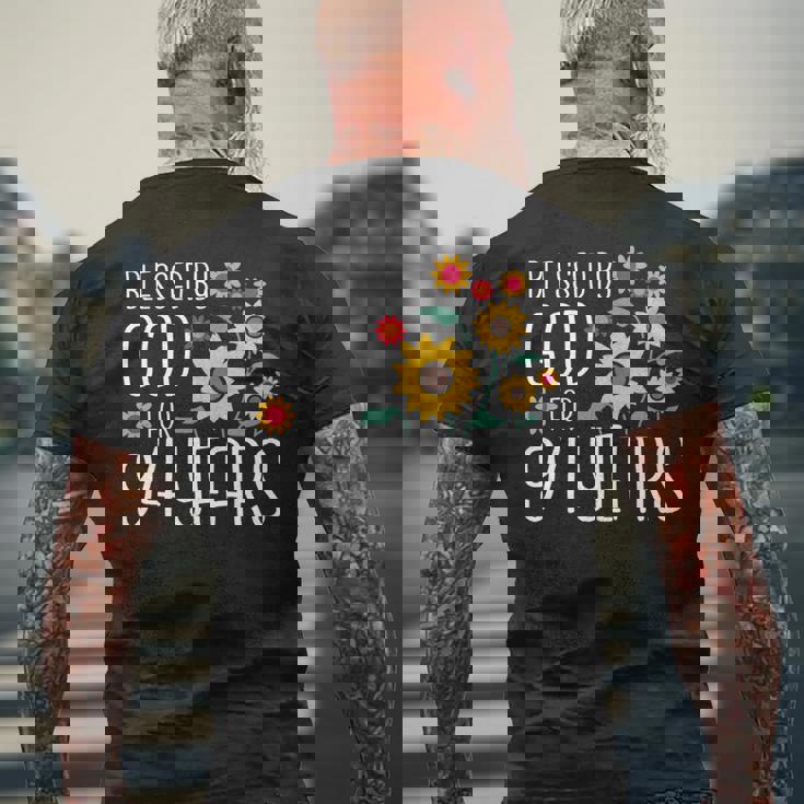 94歳の神に祝福され 可愛いひまわり 94歳の誕生日 長袖tシャツ メンズTシャツ バックプリント 高齢者への贈り物