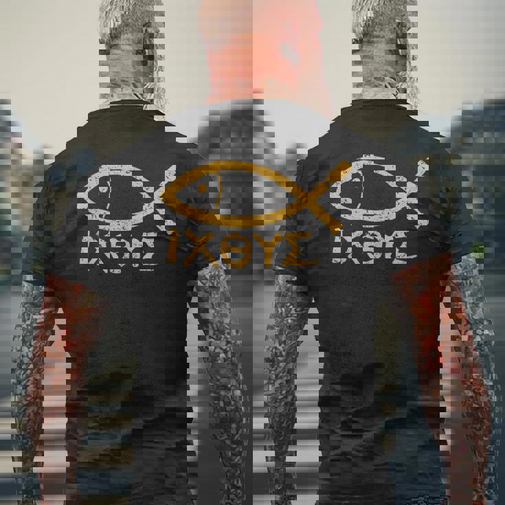 Ichthys イエス・キリスト 神の息子 救世主 古代魚のシンボル メンズTシャツ バックプリント 高齢者への贈り物