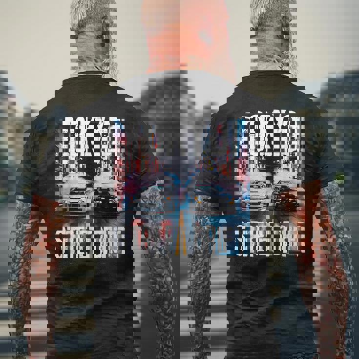 Jdm日本人ドリフトレースカー2台 東京ストリートドリフト夜 メンズTシャツ バックプリント 高齢者への贈り物