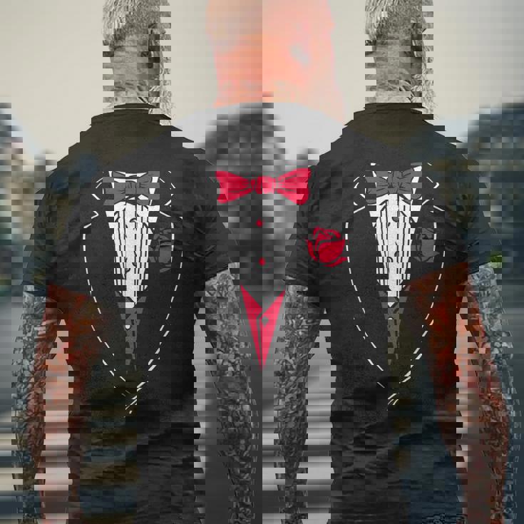 かわいいレッドパピヨンとローズのタキシード。 メンズTシャツ バックプリント 高齢者への贈り物