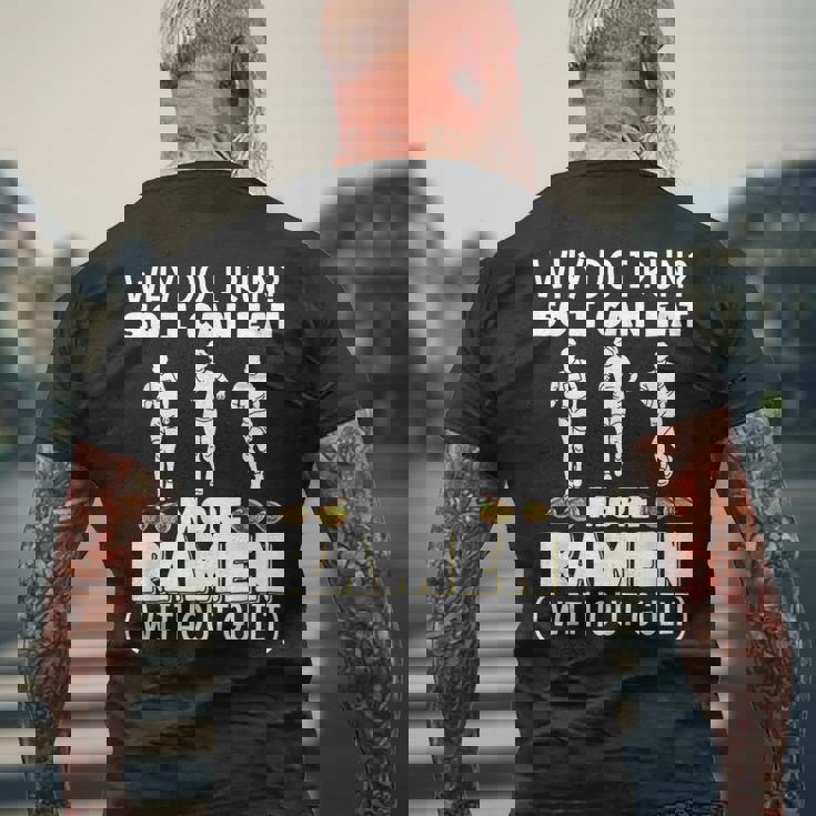 なぜ走るの だからもっと食べられるラーメンマラソン メンズTシャツ バックプリント 高齢者への贈り物