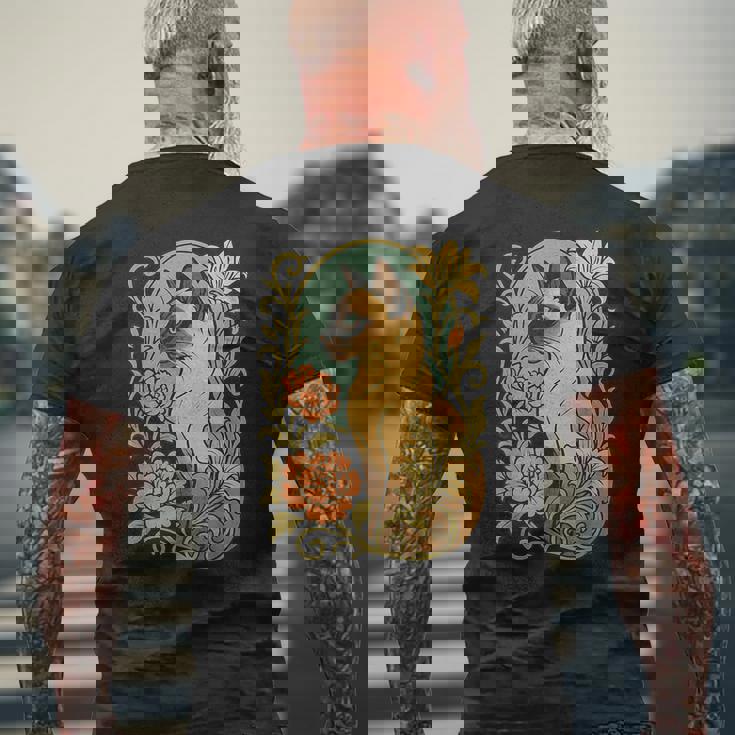 エレガントなガーデンフローラルに囲まれたヴィンテージシャム猫 メンズTシャツ バックプリント 高齢者への贈り物