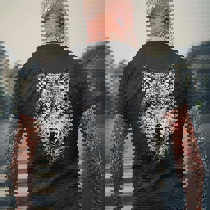 オオカミのモチーフ オオカミが大好き オオカミの群れ オオカミの犬 野生のオオカミ メンズTシャツ バックプリント 高齢者への贈り物