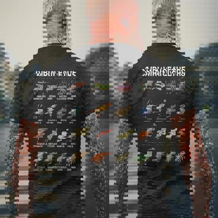 カンブリア紀の生き物チャート–先史時代の海洋生物アート メンズTシャツ バックプリント 高齢者への贈り物