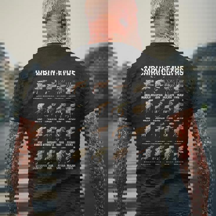 カンブリア紀の生き物チャート先史時代の生活古生物学 メンズTシャツ バックプリント 高齢者への贈り物