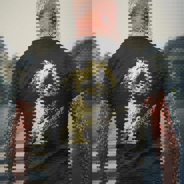 ギターロッカー ギタリスト 動物 パンク グランジ犬とマルチーズ メンズTシャツ バックプリント 高齢者への贈り物