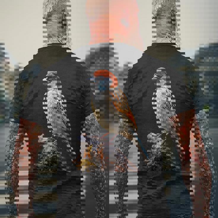 ギフト現実的なスズメ自然木鳥 メンズTシャツ バックプリント 高齢者への贈り物