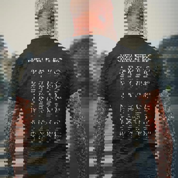 ギリシャアルファベット文字 アルファからオメガへ メンズTシャツ バックプリント 高齢者への贈り物
