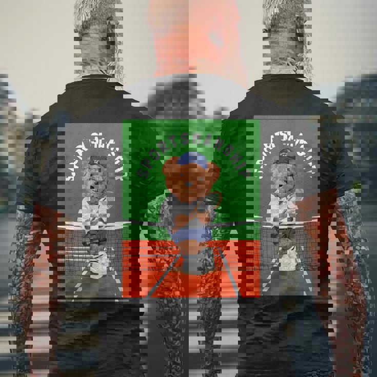 クールなテディベア テニス イラスト グラフィックデザイン メンズTシャツ バックプリント 高齢者への贈り物