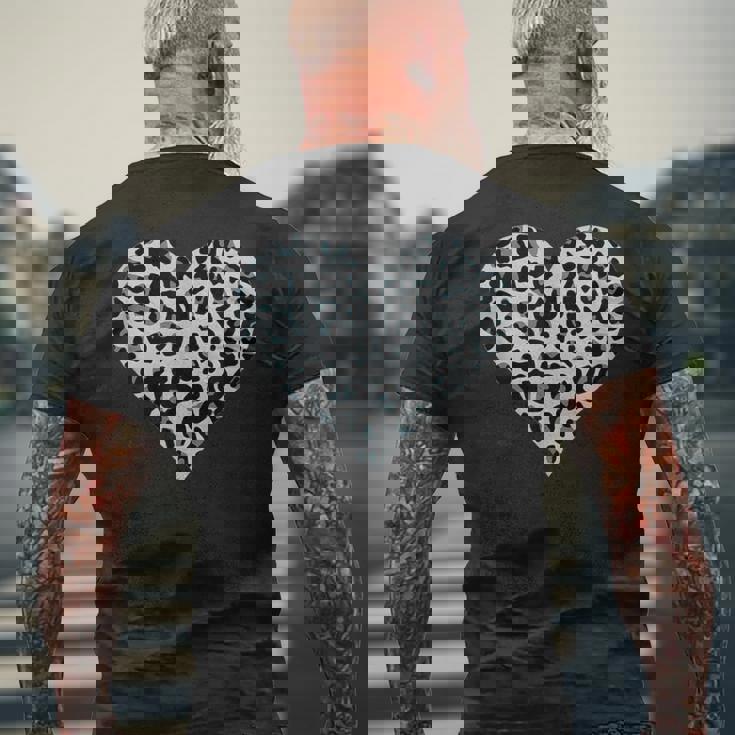 グレーとブラック ヒョウ柄 アニマルプリント ハート メンズTシャツ バックプリント 高齢者への贈り物