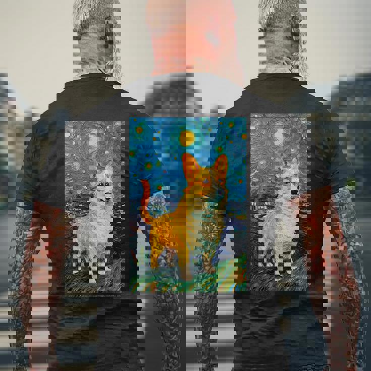 ゴッホ動物アート 動物愛好家のためのかわいいコーギー犬 メンズTシャツ バックプリント 高齢者への贈り物