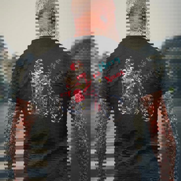 サンタクロース 面白い バイク イラスト メリー クリスマス パロディ イラスト メンズTシャツ バックプリント 高齢者への贈り物