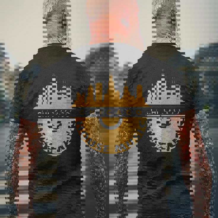 シカゴハウスミュージックシティスケープビニールレコードレイブテクノ Edm メンズTシャツ バックプリント 高齢者への贈り物