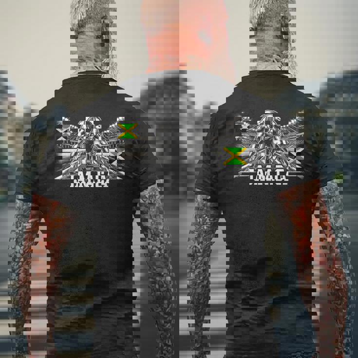 ジャマイカ 陸上競技 ジャマイカ スポーツ ジャマイカ アスリート メンズTシャツ バックプリント 高齢者への贈り物