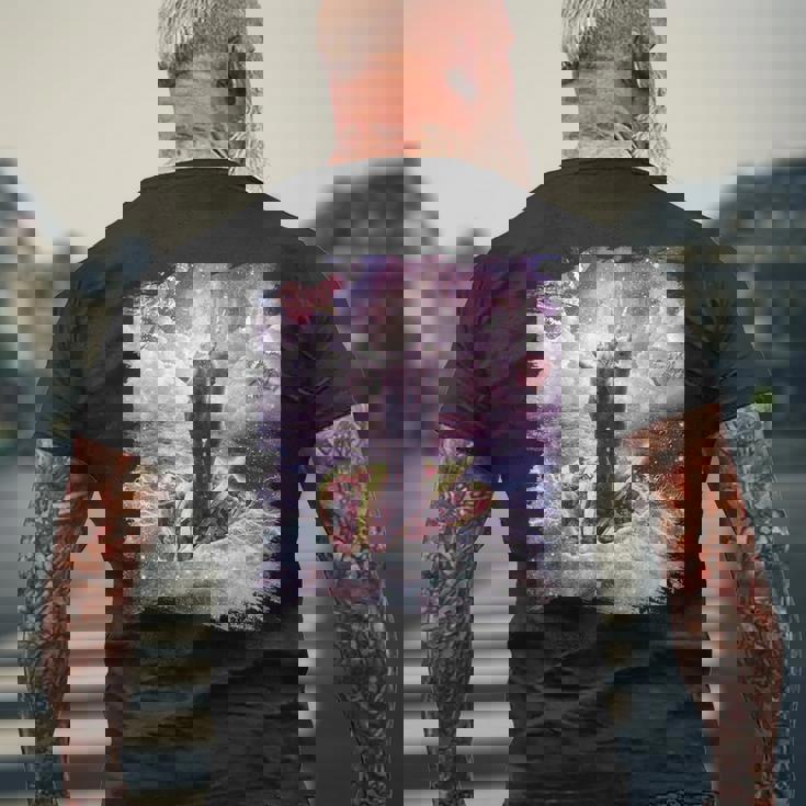 スペースキャットライディングアルパカユニコーン-ピザ＆タコス メンズTシャツ バックプリント 高齢者への贈り物