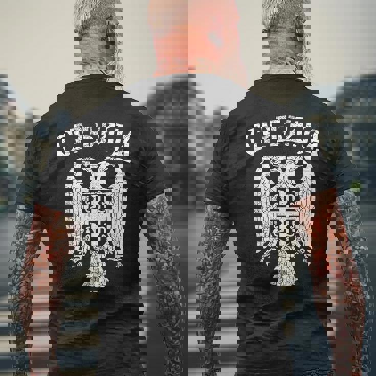 セルビア セルビア セルビア語 紋章 イーグル クロス 旗 キリル文字 メンズTシャツ バックプリント 高齢者への贈り物