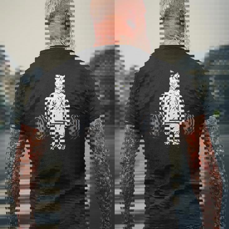 デッドリフト フィットネス 猫 ウェイトトレーニング エクササイズ ギフト メンズTシャツ バックプリント 高齢者への贈り物